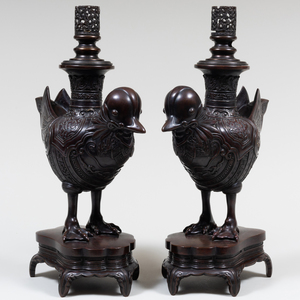 Pair of Chinese Bronze Bird Form Altar Sticks