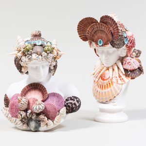Two Similar Shell Encrusted Marble Composite Busts 