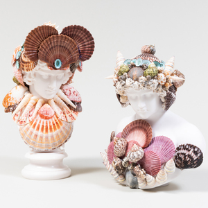 Two Similar Shell Encrusted Marble Composite Busts 