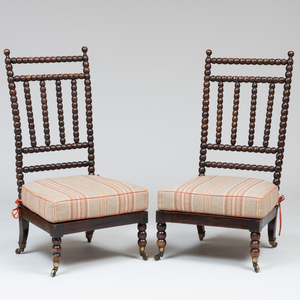 Pair of Victorian Bobbin-Turned Stained Wood and Wool Upholstered Side Chairs