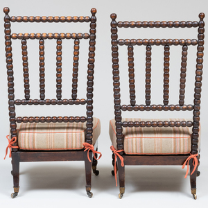 Pair of Victorian Bobbin-Turned Stained Wood and Wool Upholstered Side Chairs