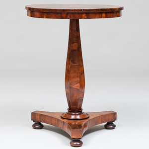 Continental Burl Mulberry and Specimen Wood Tilt-Top Table, possibly English