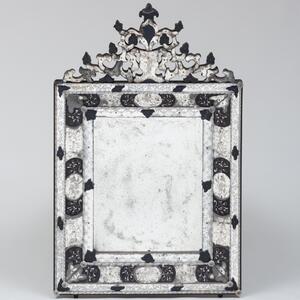 Fine Venetian Baroque Style Etched Glass and Black Glass Mirror