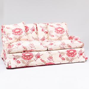 Pair of Printed Floral Linen Two Seat Sofas with Fringe