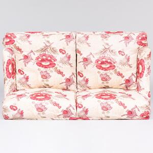 Pair of Printed Floral Linen Two Seat Sofas with Fringe